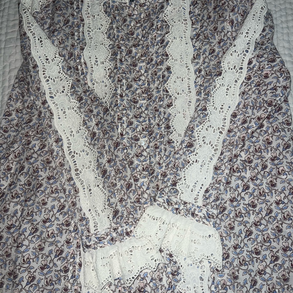 ME+EM Cotton Voile Sweet Pea Floral Printed Blouse White Crochet Trim US 10 NWOT - Picture 7 of 12